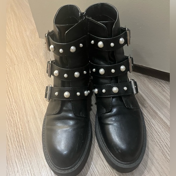 EUC Pearl Embellished Black Leather Combat Boots - Picture 3 of 7